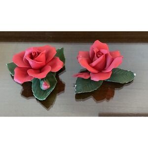 2 Vintage NAPOLEON CAPODIMONTE Porcelain Beautiful Red Rose Bud Decor Italy READ